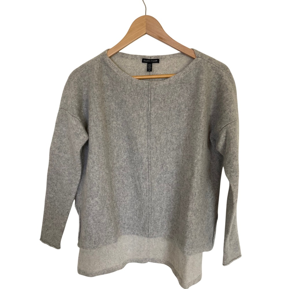 Eileen Fisher Grey Cashmere Merino Wool Boxy High Low Sweater Italian Yarn S/P